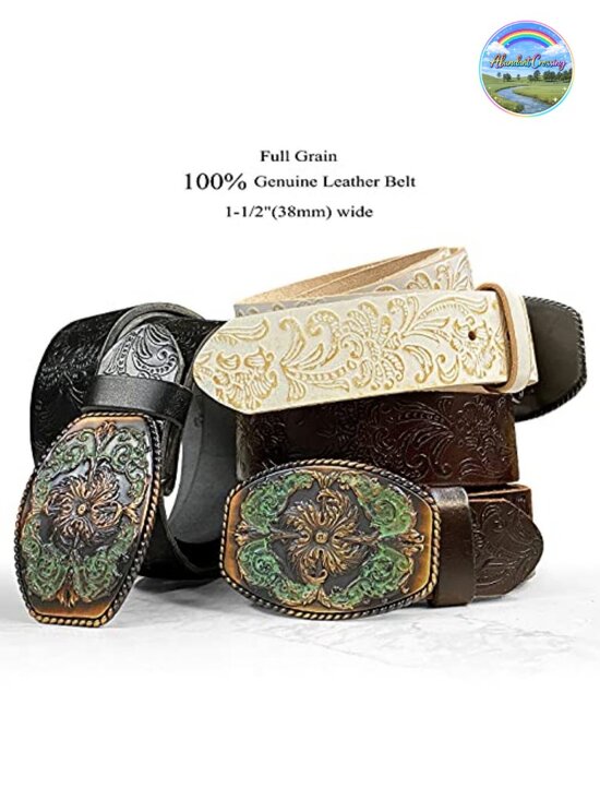 Full Grain Genuine Leather Western Floral Engraved Buckle Belt 1.5\